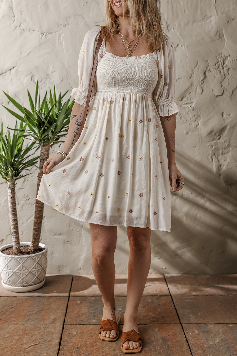 Beige Embroidered Flower Smocked Bust Half Puff Sleeve Empire Waist Textured Flowy Dress Mini Dresses JT's Designer Fashion