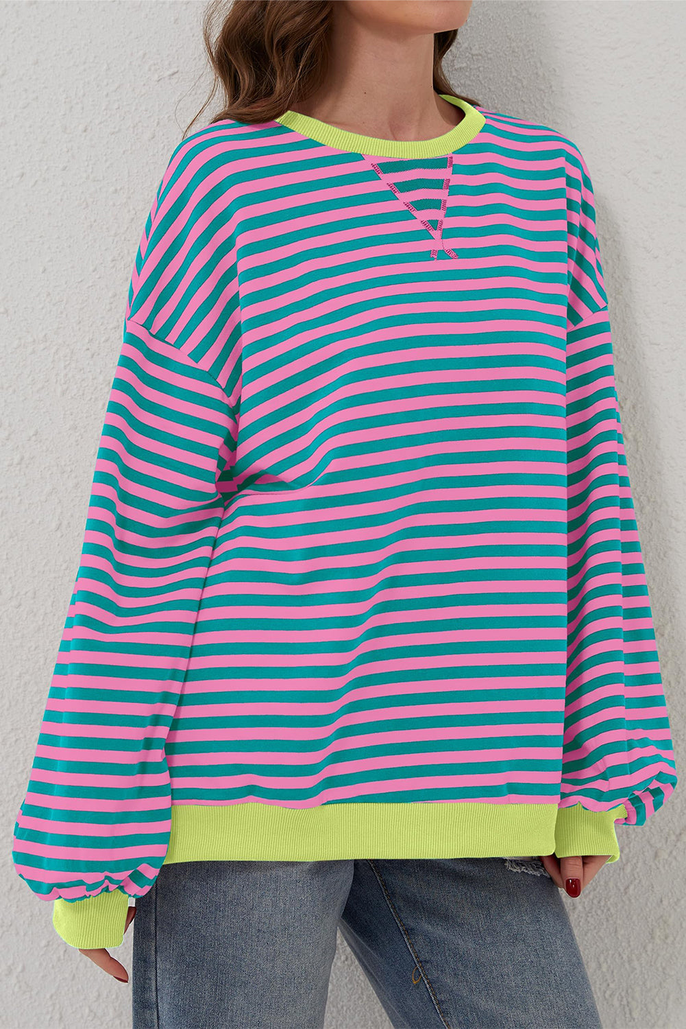 Green Stripe Oversized Contrast Trim Pullover Sweatshirt Sweatshirts & Hoodies JT's Designer Fashion