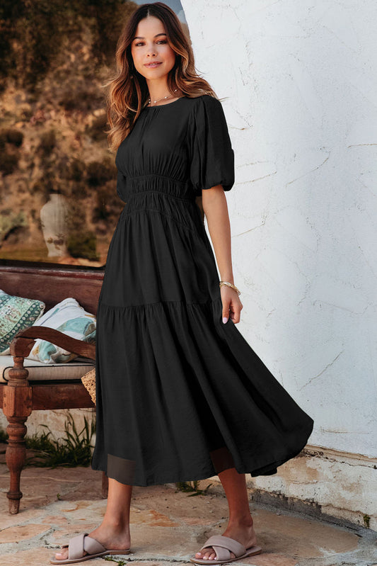 Black Puff Sleeve Pleated High Waist Flowy Long Dress Maxi Dresses JT's Designer Fashion
