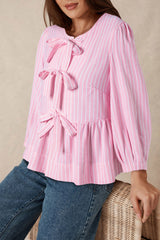 Pink Stripe Bowknot Front Crew Neck Puff Sleeve Blouse Pink Stripe 85%Polyester+15%Viscose Blouses & Shirts JT's Designer Fashion