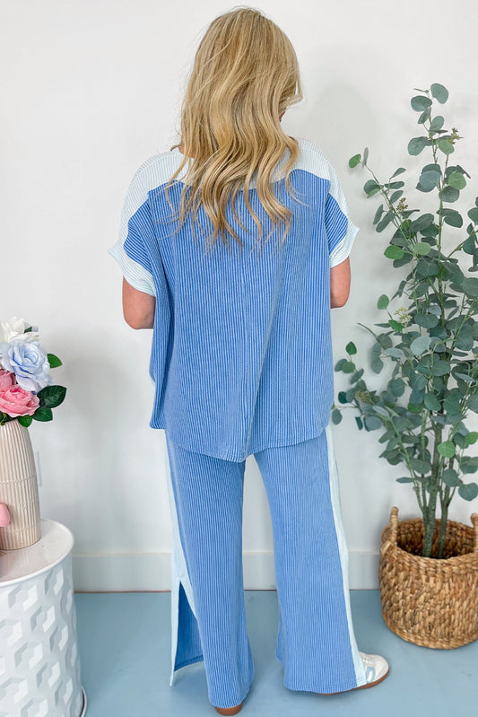 Sky Blue 2-tone Colorblock Patchwork Corded 2pcs Outfit Pant Sets JT's Designer Fashion