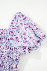 Purple Floral Short Bubble Sleeve Shirred High Waist Long Dress Maxi Dresses JT's Designer Fashion