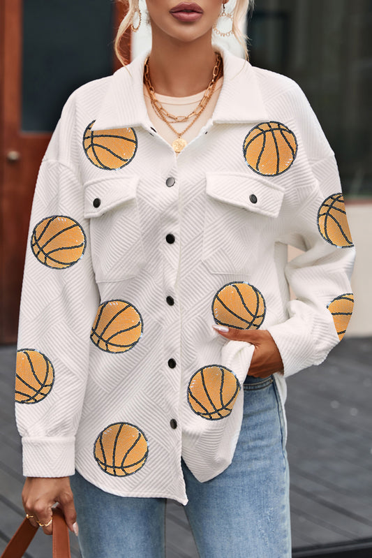Beige Sequin Basketball Graphic Textured Snap Button Shacket Jackets JT's Designer Fashion