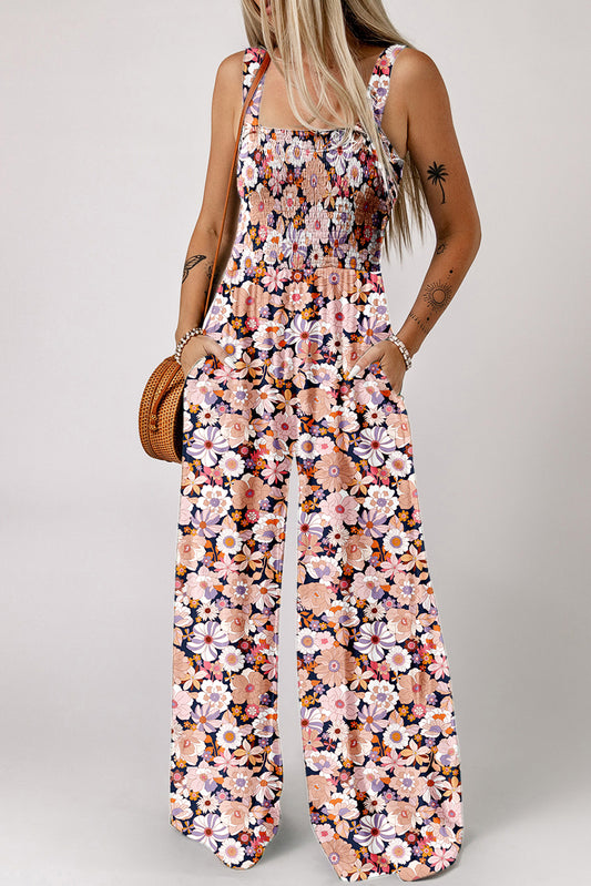 Black Floral Print Smocked High Waist Square Neck Jumpsuit Jumpsuits & Rompers JT's Designer Fashion