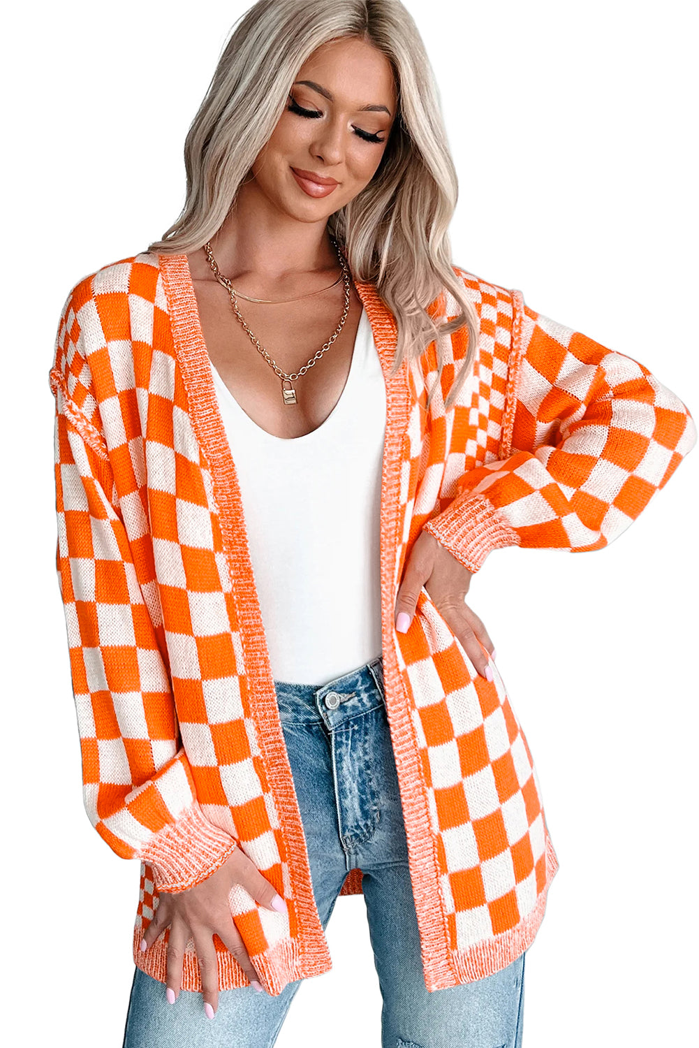 Orange Checkered Open Front Drop Shoulder Cardigan Cardigans JT's Designer Fashion