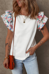 White Abstract Print Tiered Ruffled Sleeve Textured Knit Top Blouses & Shirts JT's Designer Fashion