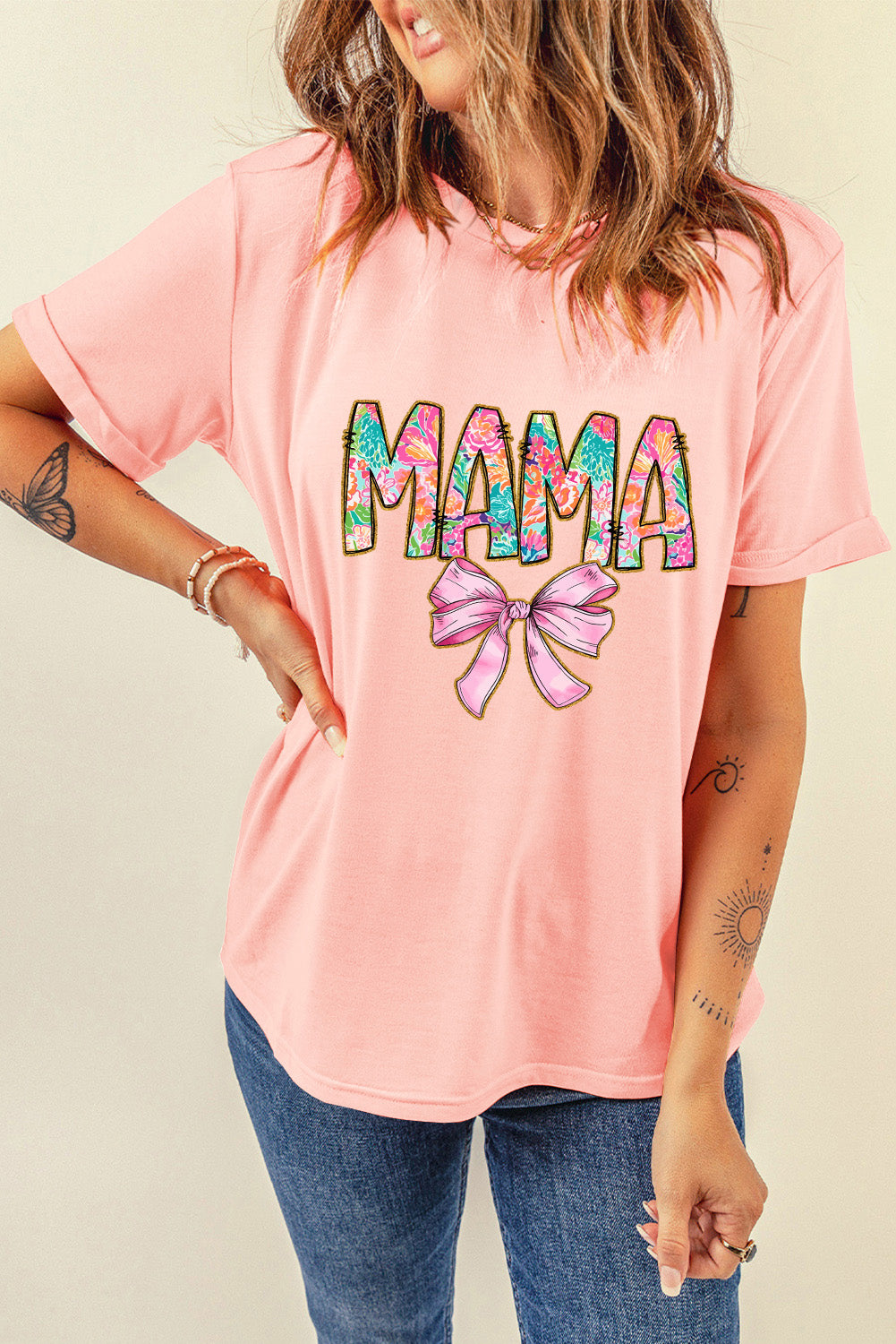 Pink Floral MAMA Bowknot Print Crewneck T Shirt Graphic Tees JT's Designer Fashion