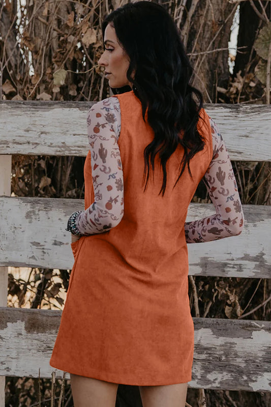 Gold Flame Corduroy Western Embroidered Patched Pocket Shift Sleeveless Mini Dress Mini Dresses JT's Designer Fashion