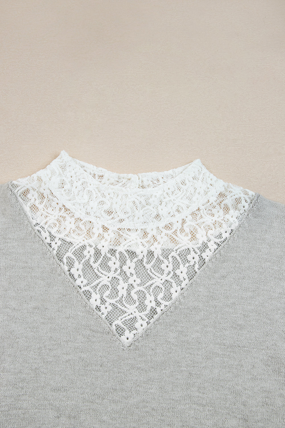 Light Grey Button Keyhole Lace Patchwork Drop Shoulder Sweater Sweaters JT's Designer Fashion