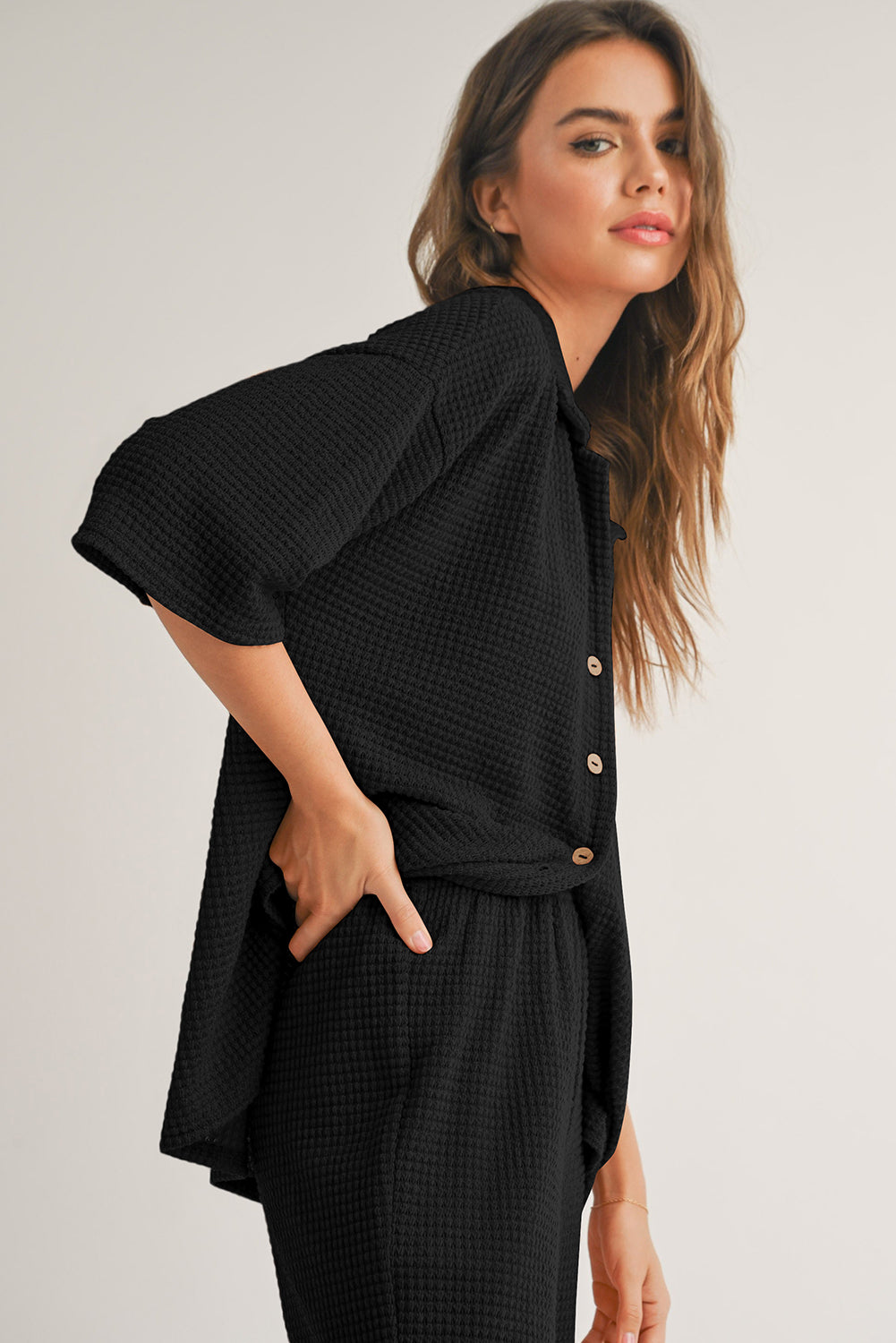 Black Solid Color Textured Buttoned Shirt and Casual Pants Set Pant Sets JT's Designer Fashion