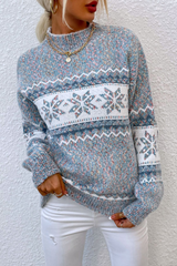 Gray Retro Snowflake Pattern Mock Neck Fuzzy Sweater Sweaters JT's Designer Fashion