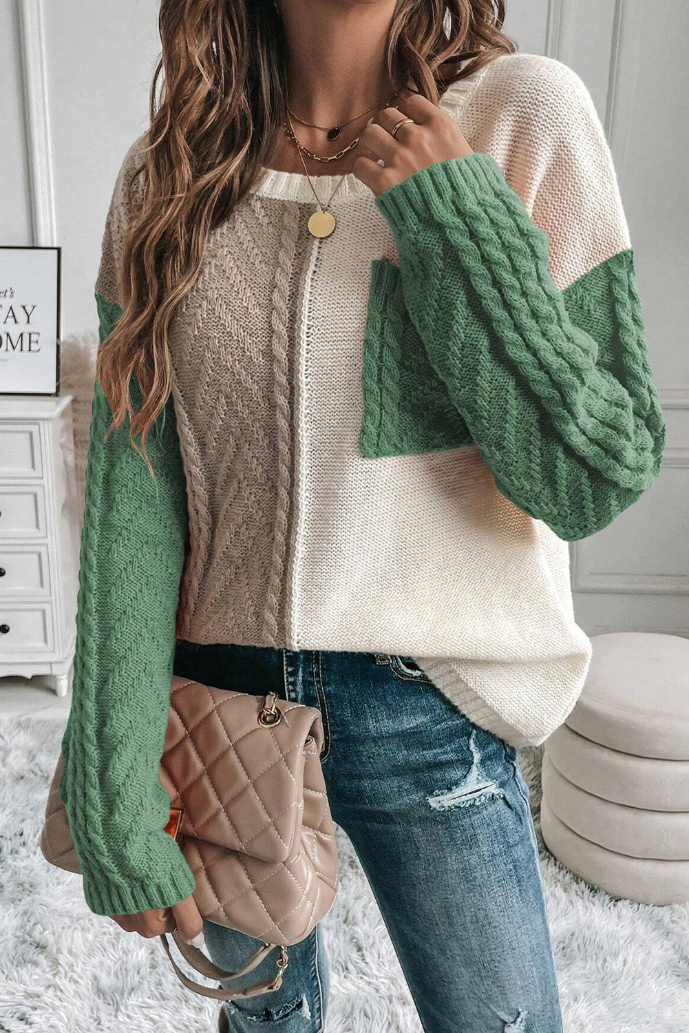 Vineyard Green Colorblock Patched Pocket Drop Shoulder Sweater Sweaters JT's Designer Fashion