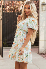 Beige Floral Print Shirred High Waist Puff Sleeve Mini Dress Floral Dresses JT's Designer Fashion
