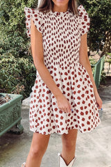 Brown Abstract Printed Flutter Sleeve Smocked Bodice Short Dress Mini Dresses JT's Designer Fashion