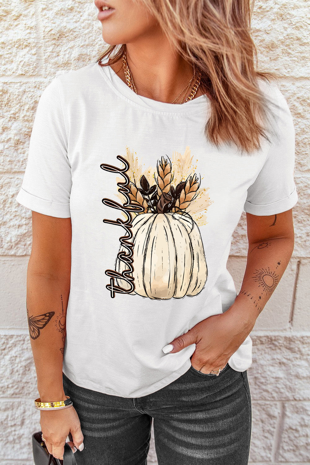 White Harvest Pumpkin Graphic Thanksgiving Tee Graphic Tees JT's Designer Fashion