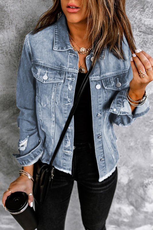 Sky Blue Lapel Distressed Raw Hem Buttons Denim Jacket Sky Blue 78%cotton+22%Polyester Denim Jackets JT's Designer Fashion