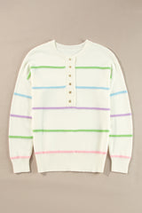 White Rainbow Stripes Drop Shoulder Baggy Henley Sweater Sweaters JT's Designer Fashion