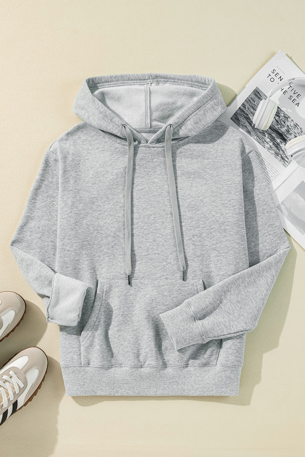 Light Grey Solid Color Fleece Lined Drawstring Hoodie with Pocket Sweatshirts & Hoodies JT's Designer Fashion