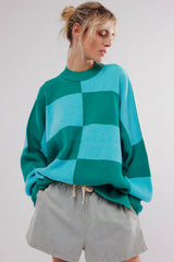 Green Checkered Side Slits Drop Shoulder Oversized Sweater Sweaters JT's Designer Fashion