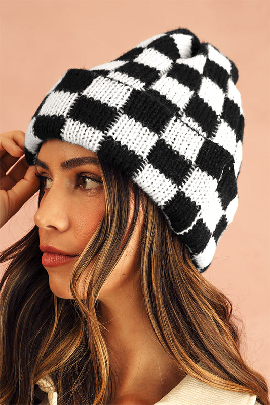 Black Two Tone Checkered Folded Eaveless Beanie Cap Hats & Caps JT's Designer Fashion