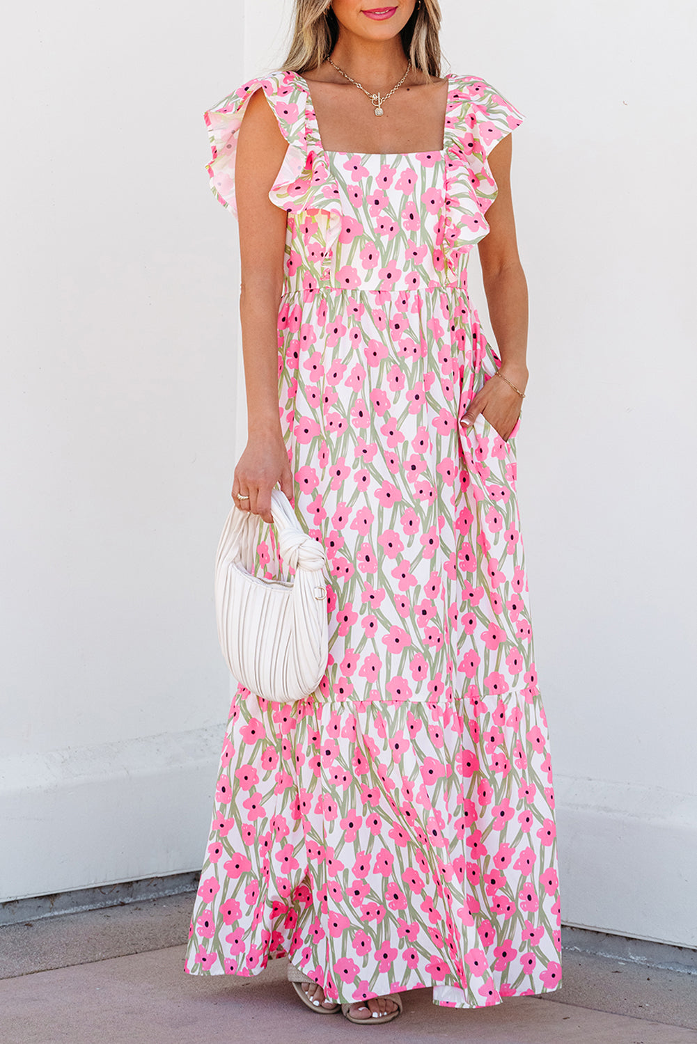 Pink Floral Print Square Neck Ruffled Strap Maxi Dress Floral Dresses JT's Designer Fashion