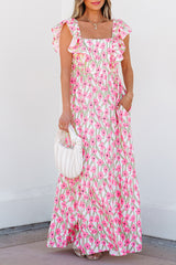 Pink Floral Print Square Neck Ruffled Strap Maxi Dress Floral Dresses JT's Designer Fashion
