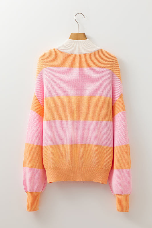 Orange Stripe Colorblock Half Zip Oversize Sweater Sweaters JT's Designer Fashion