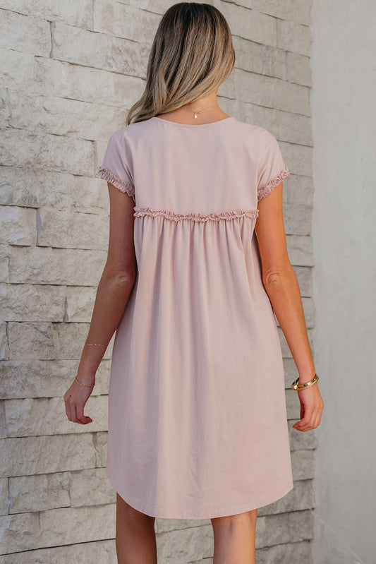 Oatmeal Frilled Trim Crew Neck Loose Fit Mini Dress Mini Dresses JT's Designer Fashion