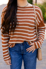 Brown Stripe Drop Shoulder Casual Sweater Sweaters JT's Designer Fashion