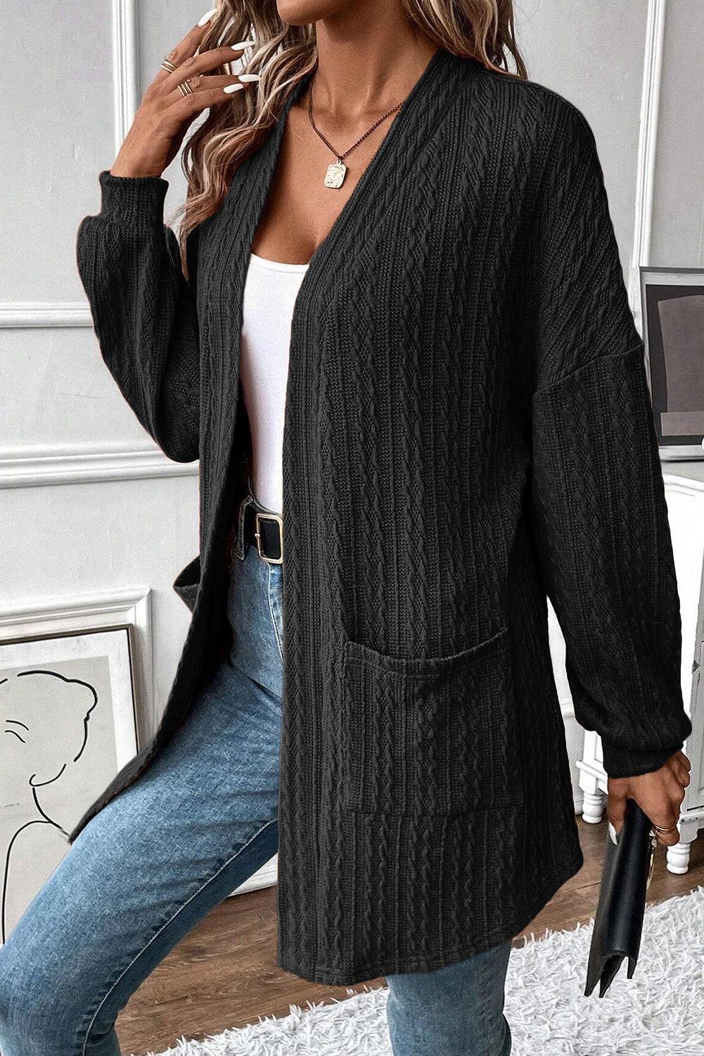 Black Textured Knit Side Pockets Open Front Cardigan Cardigans JT's Designer Fashion