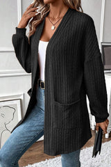 Black Textured Knit Side Pockets Open Front Cardigan Cardigans JT's Designer Fashion