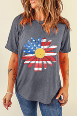Gray Flag Pattern Sunflower Graphic Crew Neck Tee Graphic Tees JT's Designer Fashion