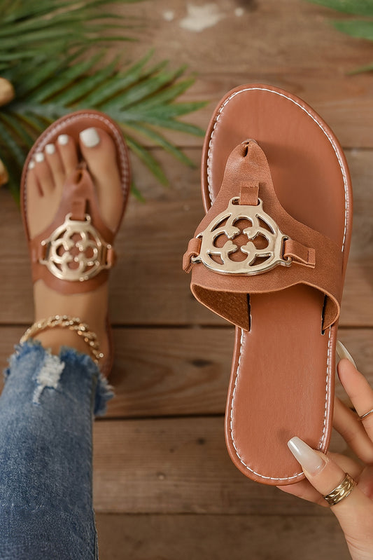 Chestnut Metal Décor Leather Thong Slippers Slippers JT's Designer Fashion