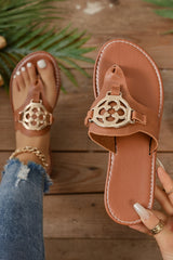 Chestnut Metal Décor Leather Thong Slippers Slippers JT's Designer Fashion