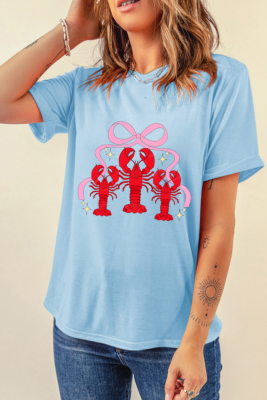 Light Blue Bow Crawfish Printed Relaxed Fit T Shirt Graphic Tees JT's Designer Fashion