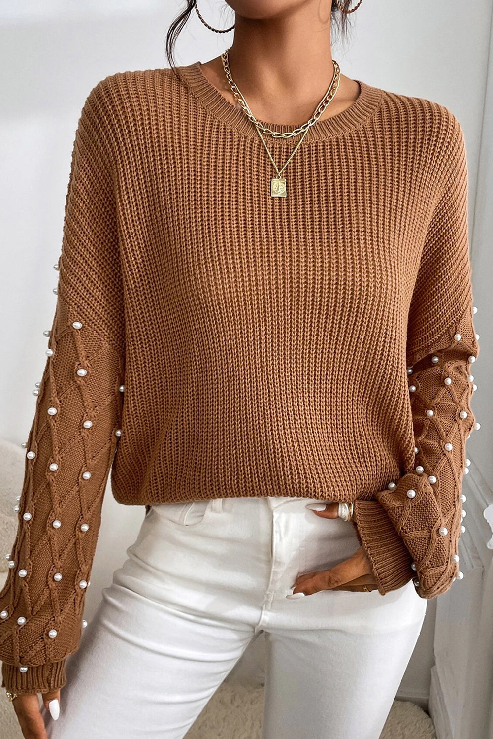 Chestnut Beaded Drop Shoulder Round Neck Sweater Sweaters JT's Designer Fashion