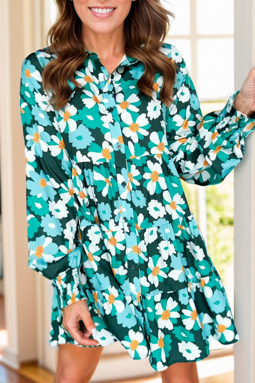 Printed Collared Neck Lantern Sleeve Mini Dress Floral Mini Dresses JT's Designer Fashion