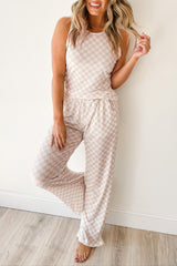 White Ribbed Texture Checkered Print 2pcs Tank and Pants Set Pant Sets JT's Designer Fashion