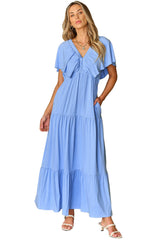 Sky Blue Textured V Neck Flutter Sleeve Ruffled Long Dress Maxi Dresses JT's Designer Fashion