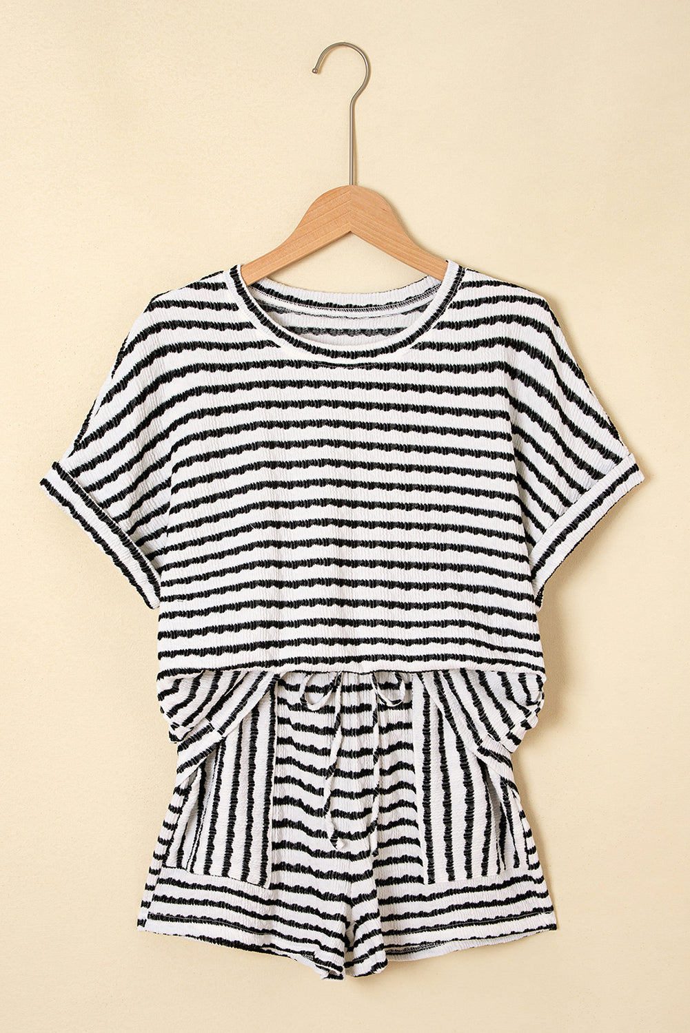 Black Stripe Knitted Short Sleeve Top and Drawstring Shorts Set Short Sets JT's Designer Fashion