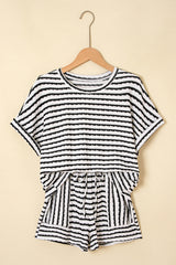Black Stripe Knitted Short Sleeve Top and Drawstring Shorts Set Short Sets JT's Designer Fashion