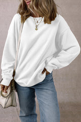 White Solid Loose Crew Neck Fleece Sweatshirt Sweatshirts & Hoodies JT's Designer Fashion