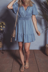 Ashleigh Blue Ruffled V Neck Smocked High Waist Denim Mini Dress Mini Dresses JT's Designer Fashion
