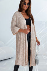 Apricot Sequin 3/4 Sleeve Open Front Duster Kimono Kimonos JT's Designer Fashion