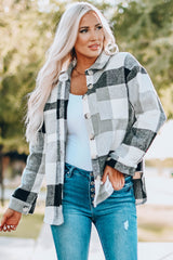 Gray Plaid Color Block Buttoned Long Sleeve Jacket with Pocket Plaid Shackets JT's Designer Fashion