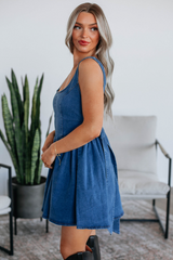 Sail Blue Square Neck Bowknot A-line Sleeveless Denim Dress JT's Designer Fashion