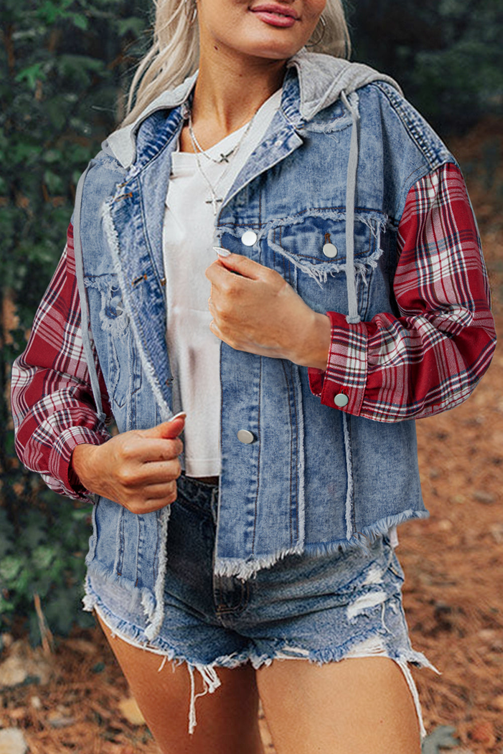 Beau Blue Plaid Print Patchwork Hooded Raw Hem Denim Jacket Beau Blue 83%Cotton+17%Polyester Denim Jackets JT's Designer Fashion