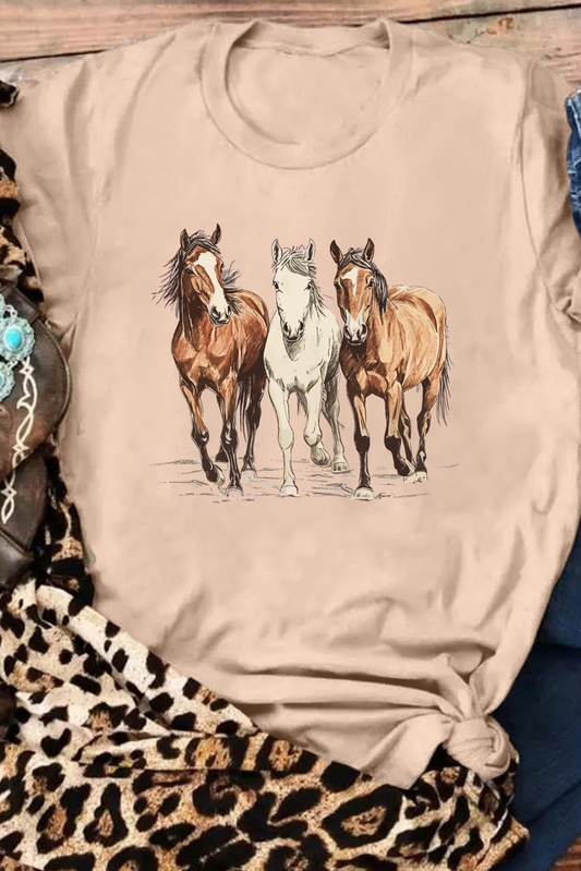 Khaki Gallant Horses Printed Casual T Shirt Graphic Tees JT's Designer Fashion