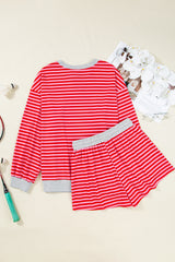 Red Stripe Drop Shoulder Baggy Pullover and Shorts Casual Set Short Sets JT's Designer Fashion
