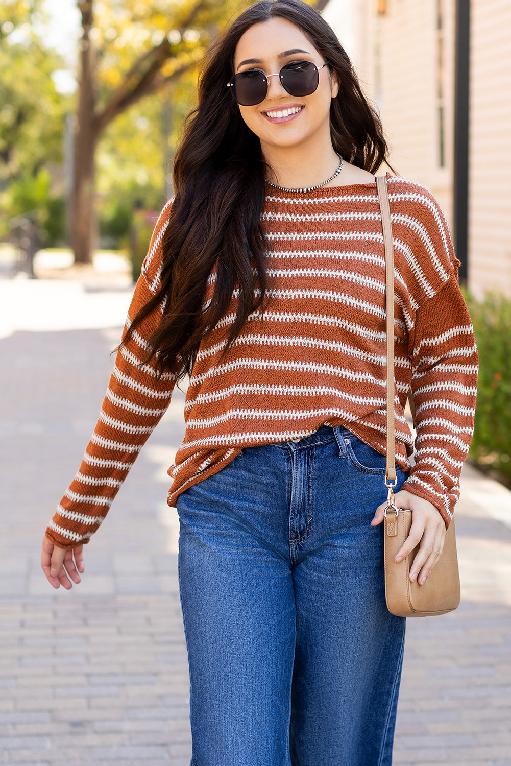 Brown Stripe Drop Shoulder Casual Sweater Sweaters JT's Designer Fashion